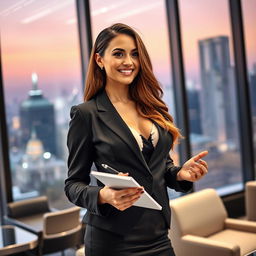 A stunningly beautiful assistant with large breasts, dressed in a stylish and professional outfit, exuding charm and confidence