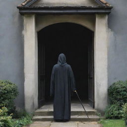 The Angel of Death, robed and scythe in hand, making his way towards a particular house, his formidable figure creating a stark contrast against the home's calm façade