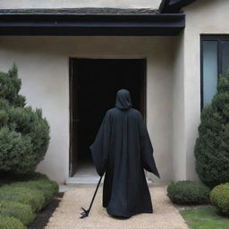 The Angel of Death, robed and scythe in hand, making his way towards a particular house, his formidable figure creating a stark contrast against the home's calm façade