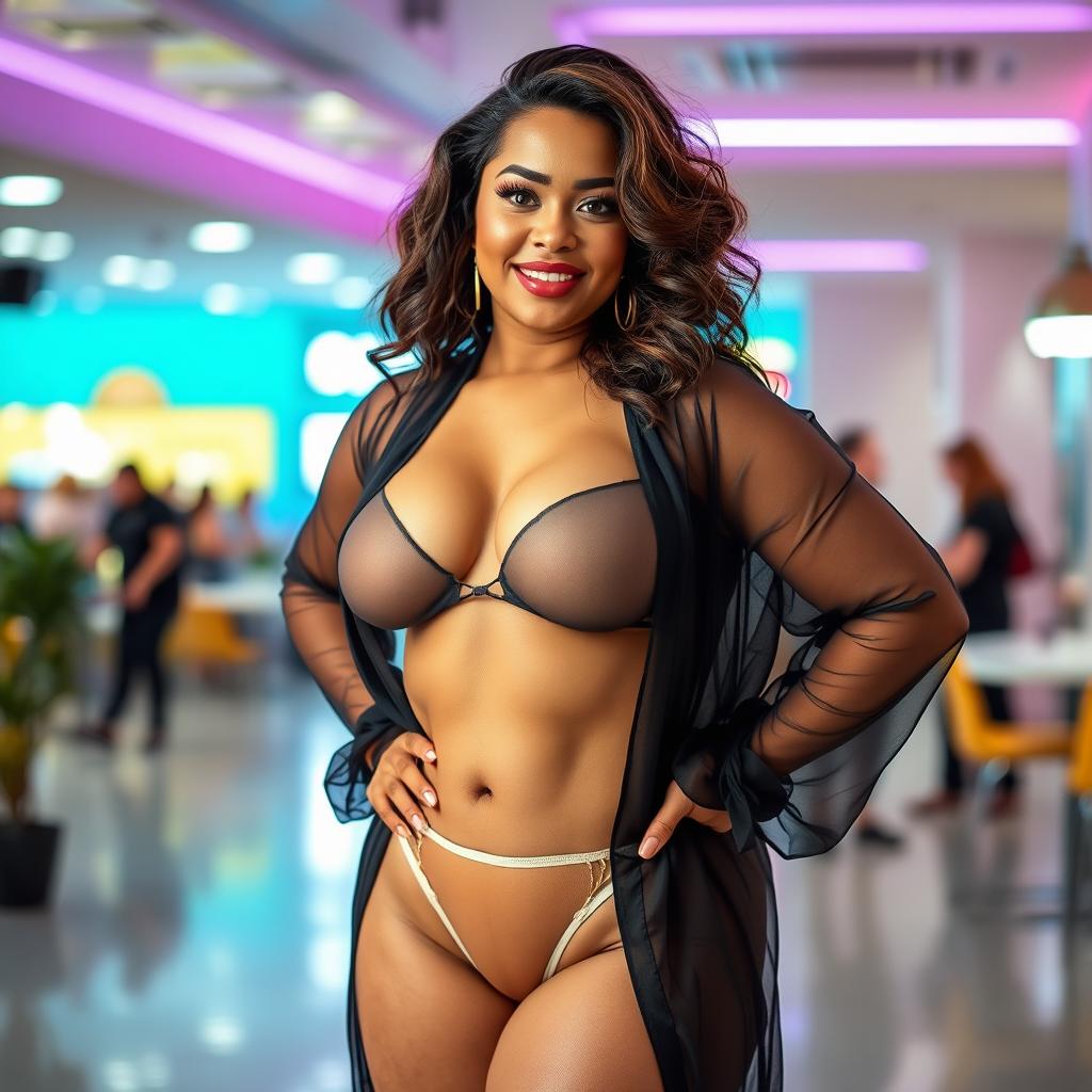 A curvy woman confidently posing in a sheer outfit that includes a transparent g-string