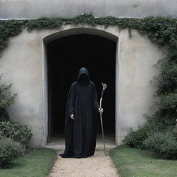 The Angel of Death, robed and scythe in hand, making his way towards a particular house, his formidable figure creating a stark contrast against the home's calm façade