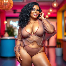 A curvy woman confidently posing in a sheer outfit that includes a transparent g-string