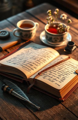 A beautifully crafted leather diary lying open on a rustic wooden table