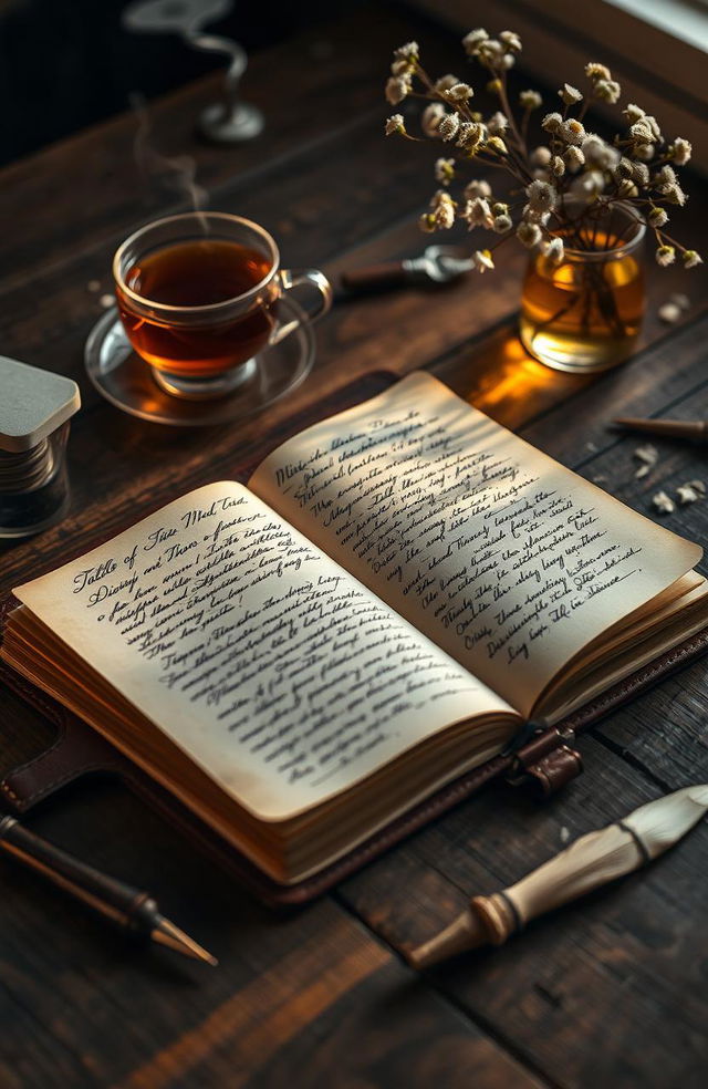 A beautifully crafted leather diary lying open on a rustic wooden table