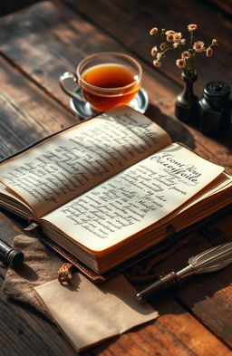 A beautifully crafted leather diary lying open on a rustic wooden table