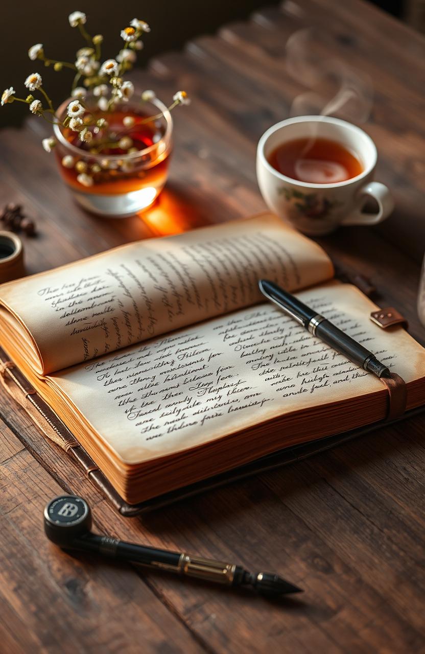 A beautifully crafted leather diary lying open on a rustic wooden table