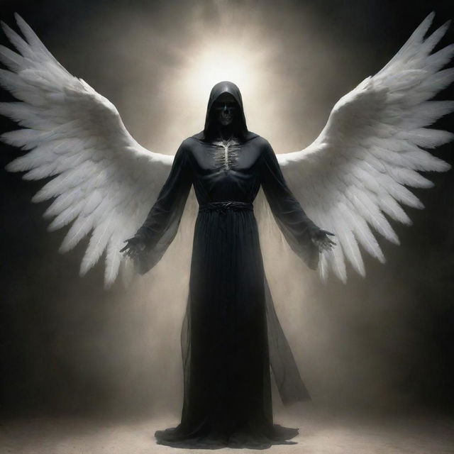 The Angel of Death, in an act of spiritual transition, gently extracting the soul of a human, with a profound sense of respect and necessary duty reflected in his ethereal aura