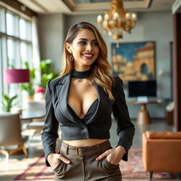 A gorgeous and alluring assistant with large breasts, showcasing an air of confidence and allure, dressed in a stylish and sophisticated outfit that reflects contemporary Central Asian fashion
