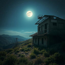 A desolate, derelict station nestled in the hills, overgrown with vegetation, showcasing crumbling walls and rusted metal structures