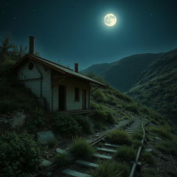 A desolate, derelict station nestled in the hills, overgrown with vegetation, showcasing crumbling walls and rusted metal structures