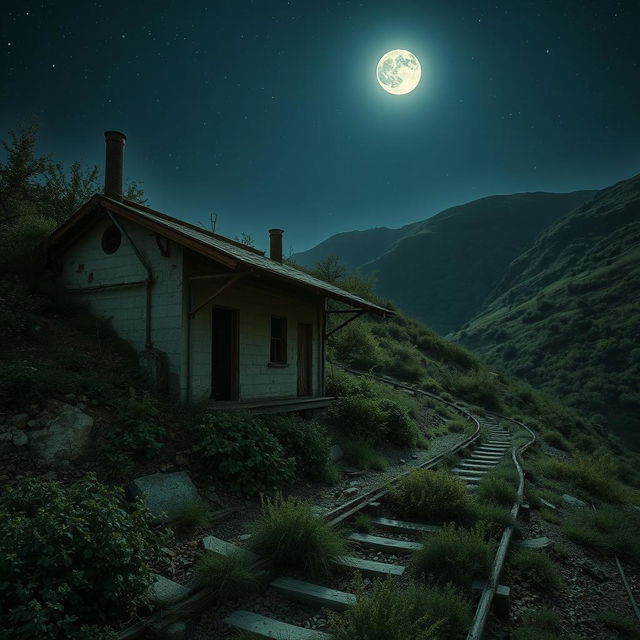 A desolate, derelict station nestled in the hills, overgrown with vegetation, showcasing crumbling walls and rusted metal structures