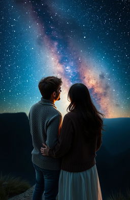 A romantic couple gazing at a breathtaking cosmic view, standing on a serene cliff under a starry night sky filled with vibrant nebulae and shining stars