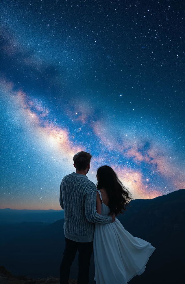 A romantic couple gazing at a breathtaking cosmic view, standing on a serene cliff under a starry night sky filled with vibrant nebulae and shining stars