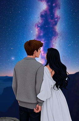 A romantic couple gazing at a breathtaking cosmic view, standing on a serene cliff under a starry night sky filled with vibrant nebulae and shining stars