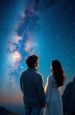 A romantic couple gazing at a breathtaking cosmic view, standing on a serene cliff under a starry night sky filled with vibrant nebulae and shining stars