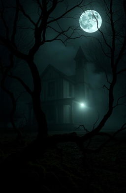 A mysterious old house shrouded in mist and vines, standing alone in a dark forest