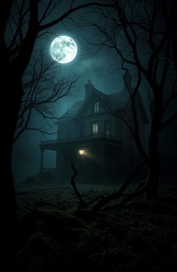 A mysterious old house shrouded in mist and vines, standing alone in a dark forest