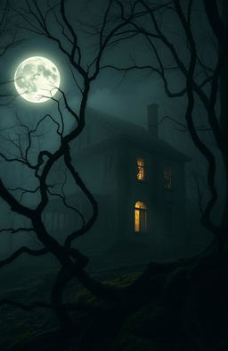 A mysterious old house shrouded in mist and vines, standing alone in a dark forest