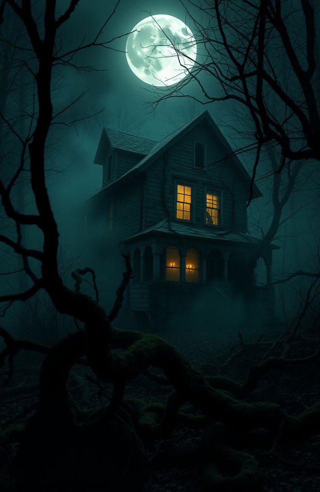 A mysterious old house shrouded in mist and vines, standing alone in a dark forest