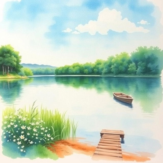 A beautiful watercolor painting for a book cover, depicting a serene lakeside scene with calm waters reflecting a clear blue sky