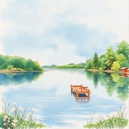A beautiful watercolor painting for a book cover, depicting a serene lakeside scene with calm waters reflecting a clear blue sky