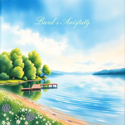 A beautiful watercolor painting for a book cover, depicting a serene lakeside scene with calm waters reflecting a clear blue sky