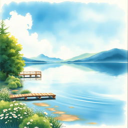 A beautiful watercolor painting for a book cover, depicting a serene lakeside scene with calm waters reflecting a clear blue sky
