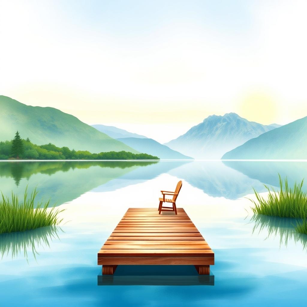 A serene lakeside scene painted in beautiful watercolor style, featuring a calm lake surrounded by lush greenery and gentle mountains in the background