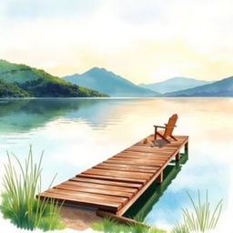 A serene lakeside scene painted in beautiful watercolor style, featuring a calm lake surrounded by lush greenery and gentle mountains in the background