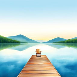 A serene lakeside scene painted in beautiful watercolor style, featuring a calm lake surrounded by lush greenery and gentle mountains in the background