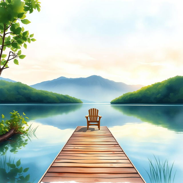 A serene lakeside scene painted in beautiful watercolor style, featuring a calm lake surrounded by lush greenery and gentle mountains in the background