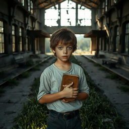 A young boy standing in an abandoned train station, holding a diary close to his chest