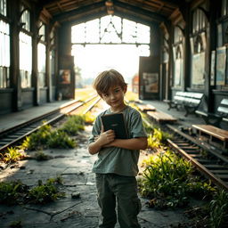 A young boy standing in an abandoned train station, holding a diary close to his chest