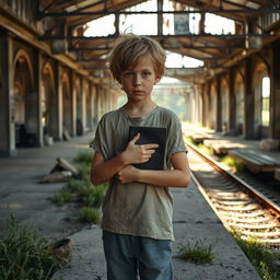 A young boy standing in an abandoned train station, holding a diary close to his chest