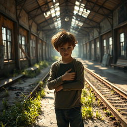 A young boy standing in an abandoned train station, holding a diary close to his chest