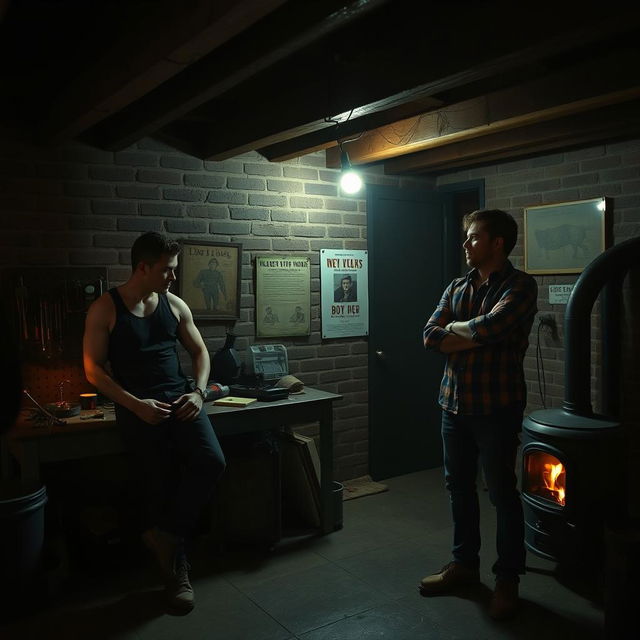 A dimly lit basement room with a rustic charm, featuring exposed brick walls and wooden beams overhead