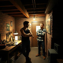 A dimly lit basement room with a rustic charm, featuring exposed brick walls and wooden beams overhead
