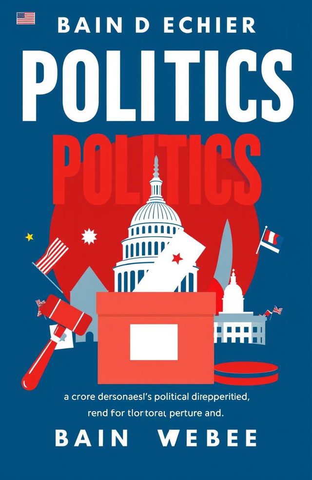 A striking book cover focused on politics, featuring a bold and dynamic design that incorporates elements of political symbolism such as a ballot box, a gavel, and iconic landmarks like the Capitol building