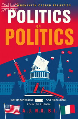 A striking book cover focused on politics, featuring a bold and dynamic design that incorporates elements of political symbolism such as a ballot box, a gavel, and iconic landmarks like the Capitol building