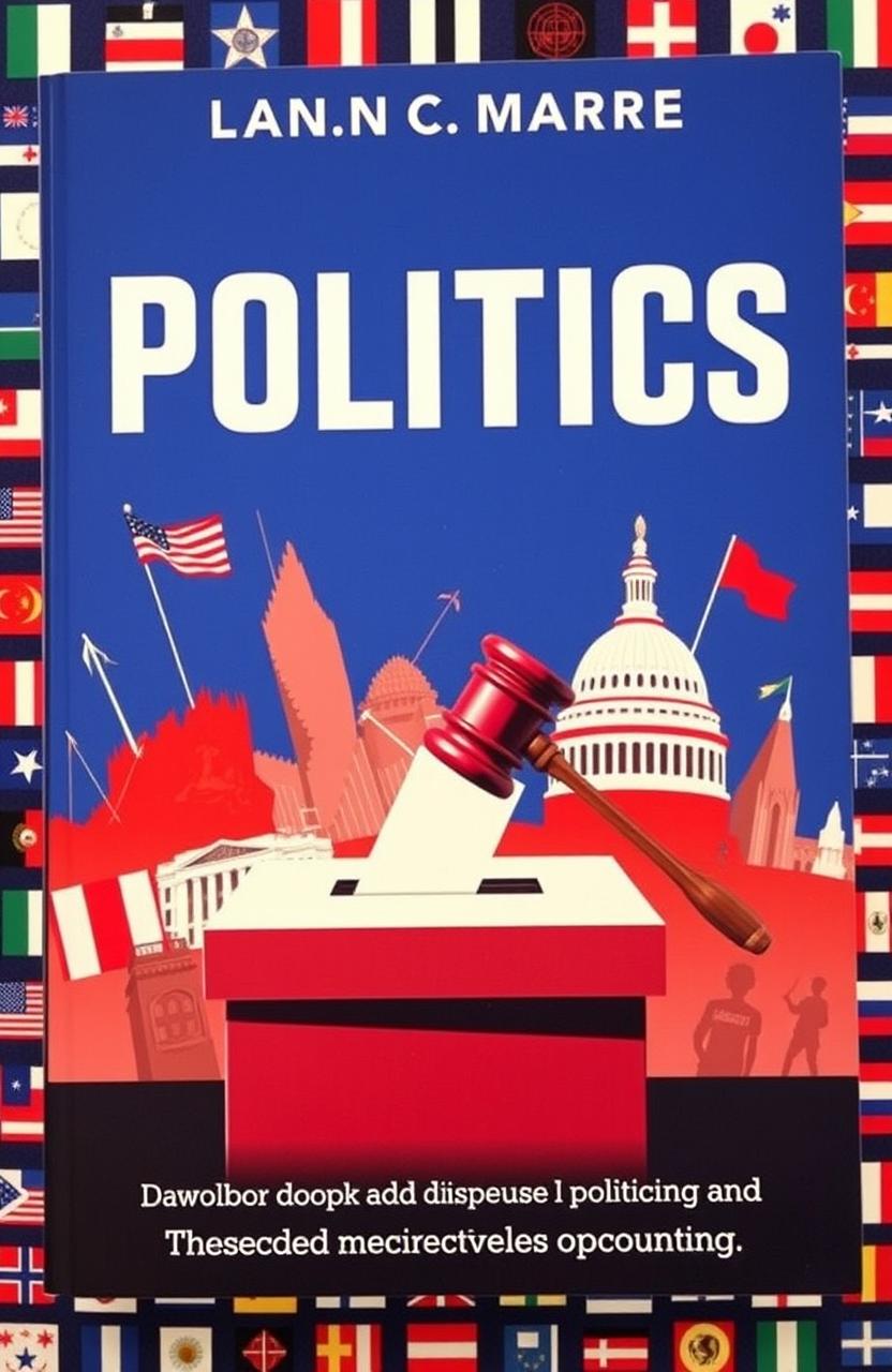 A striking book cover focused on politics, featuring a bold and dynamic design that incorporates elements of political symbolism such as a ballot box, a gavel, and iconic landmarks like the Capitol building