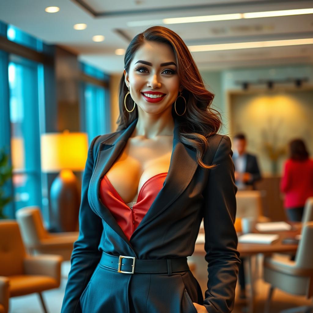 A stunning and alluring assistant with large breasts, embodying confidence and charm, dressed in a stylish and professional outfit that reflects the modern fashion of Central Asia