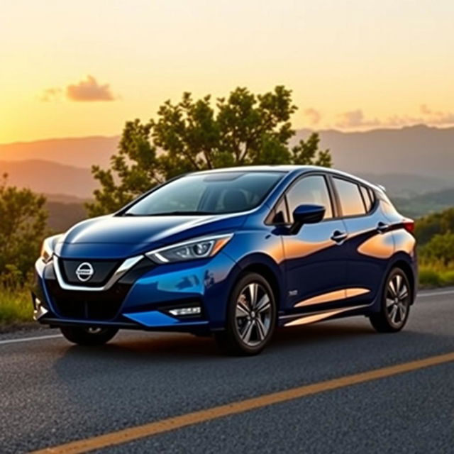 A stunning 2026 Nissan Versa Hybrid parked on a scenic road during sunset, showcasing its sleek lines and aerodynamic design