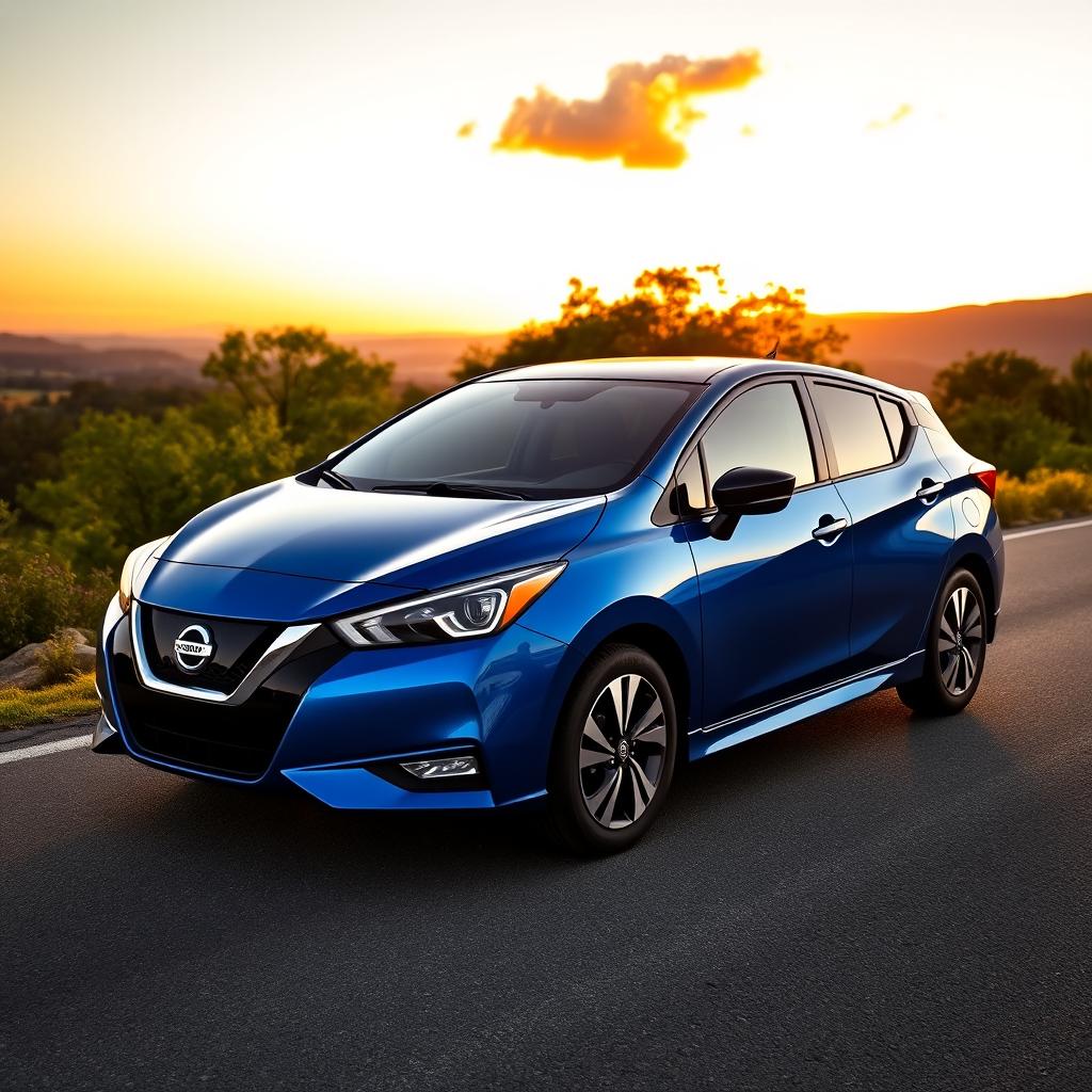 A stunning 2026 Nissan Versa Hybrid parked on a scenic road during sunset, showcasing its sleek lines and aerodynamic design