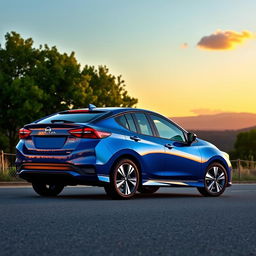 A stunning 2026 Nissan Versa Hybrid parked on a scenic road during sunset, showcasing its sleek lines and aerodynamic design