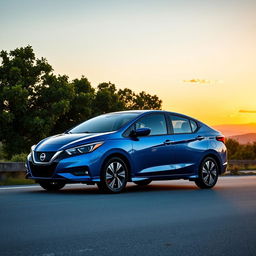A stunning 2026 Nissan Versa Hybrid parked on a scenic road during sunset, showcasing its sleek lines and aerodynamic design