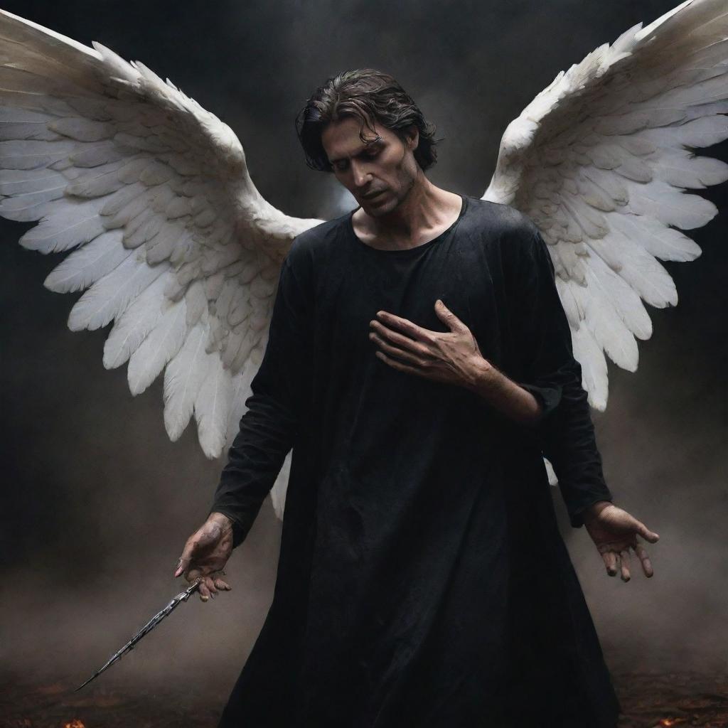 A powerful depiction of Angel Izrail, the angel of death, extracting the soul from a man, who is in noticeable pain, creating an intense, heart-wrenching scene filled with emotions and inevitable transformation