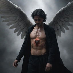 A powerful depiction of Angel Izrail, the angel of death, extracting the soul from a man, who is in noticeable pain, creating an intense, heart-wrenching scene filled with emotions and inevitable transformation