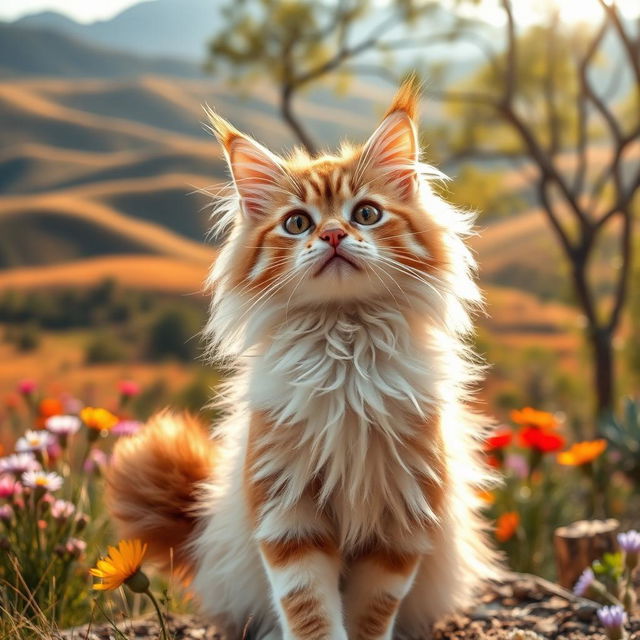 A beautiful and charming cat with a fluffy, luxurious coat, playfully posing and exuding an irresistible charm