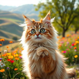 A beautiful and charming cat with a fluffy, luxurious coat, playfully posing and exuding an irresistible charm