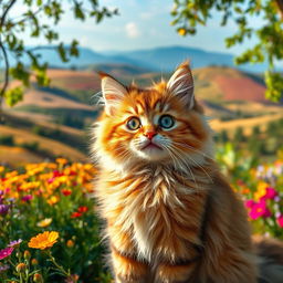 A beautiful and charming cat with a fluffy, luxurious coat, playfully posing and exuding an irresistible charm